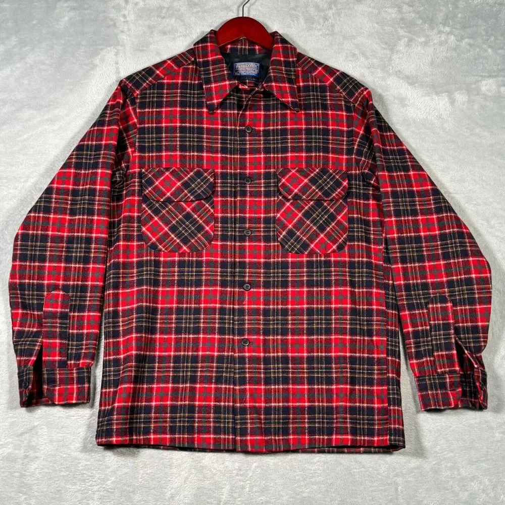 Pendleton Board Shirt Mens M‎ Red Plaid Virgin Wool Vintage Made in USA 4781 - Picture 2 of 7